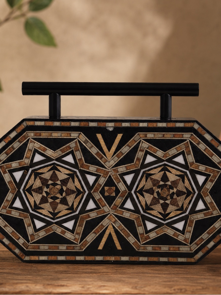 Geometric Mosaic Octagonal Clutch In Black, Brown & White